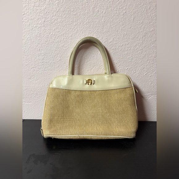 Etienne Aigner Handbags - Vintage Etienne Aigner Straw Leather Top Handle Handbag Beige